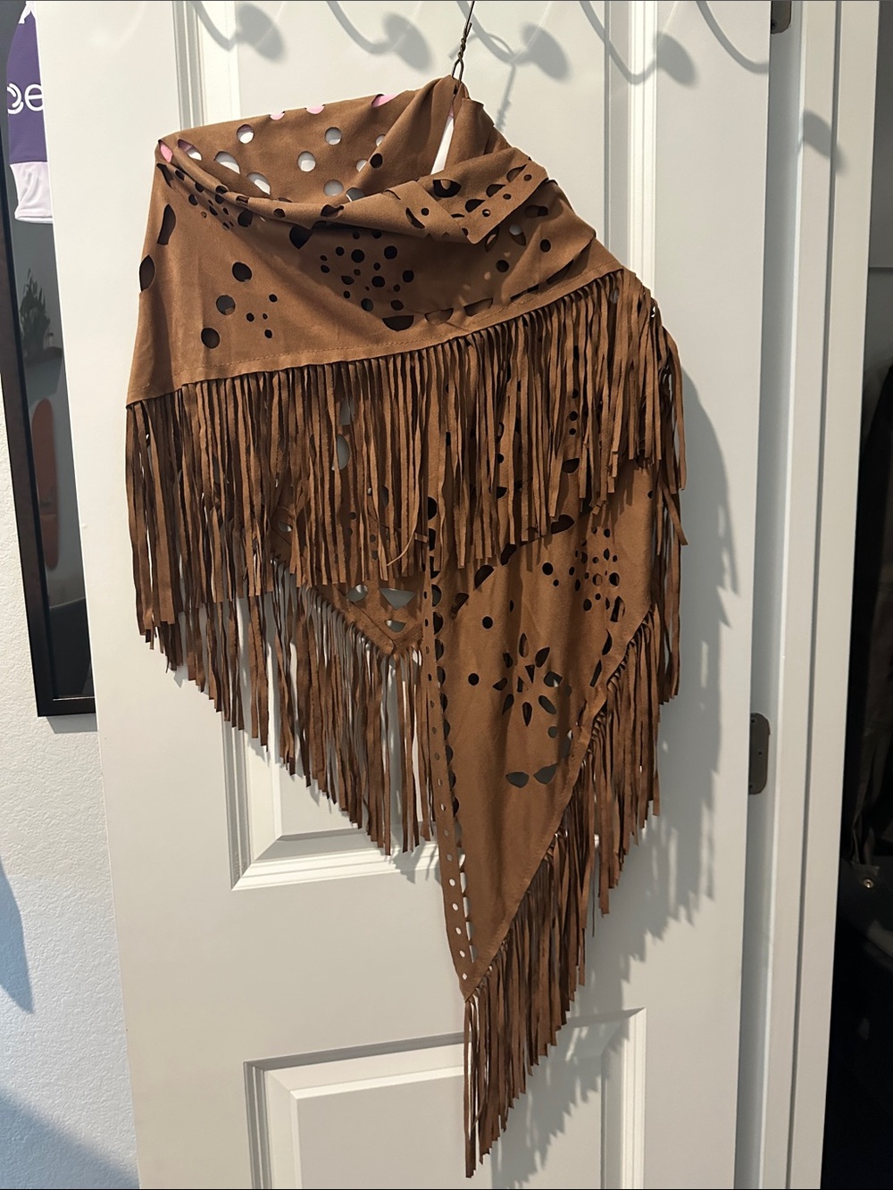 Fringed Cutout Suede-Look Shawl in Camel Brown